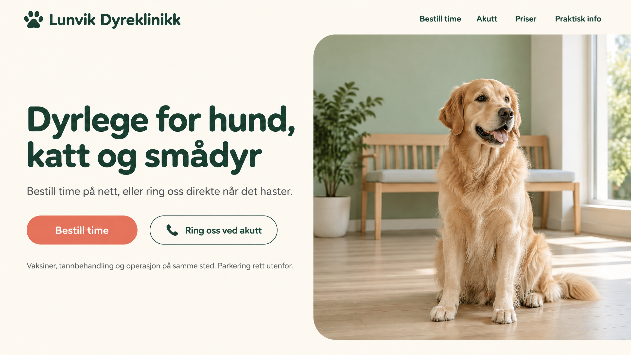Nettside for en dyreklinikk med en rolig hund i et lyst venterom og knapper for timebestilling og akutt hjelp