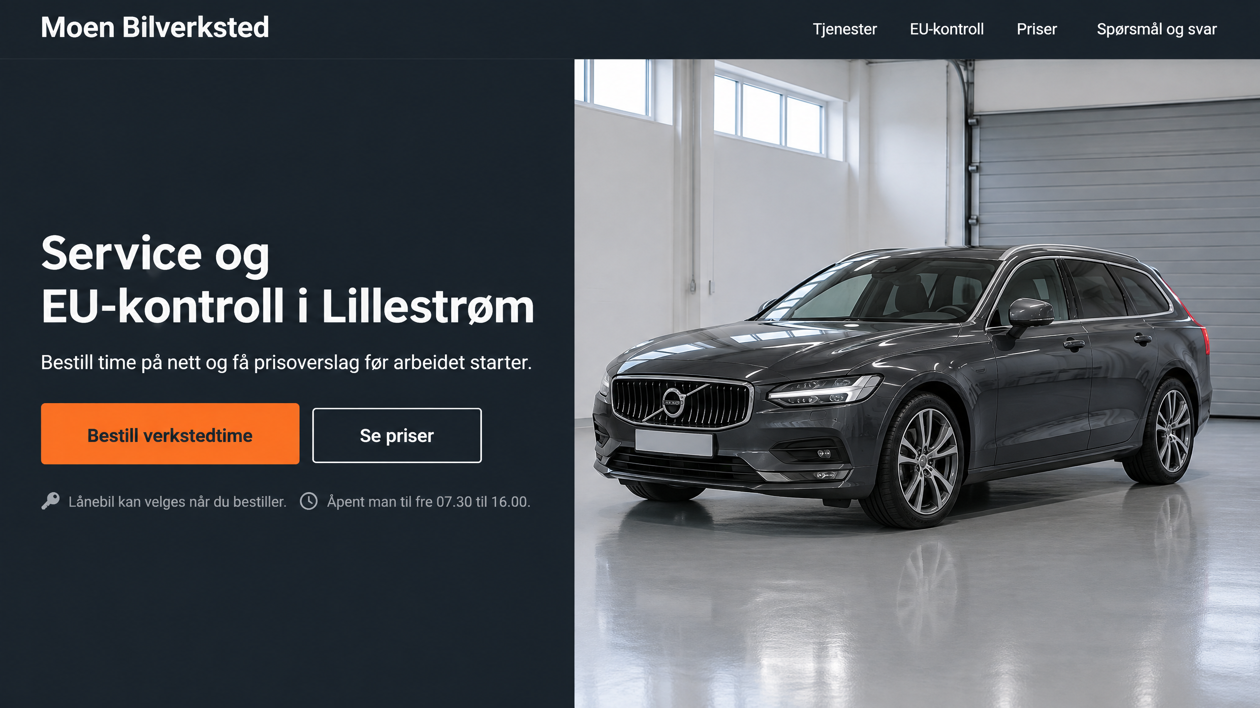 Nettside for et bilverksted med en grå stasjonsvogn i en ryddig verkstedhall og knapp for å bestille verkstedtime